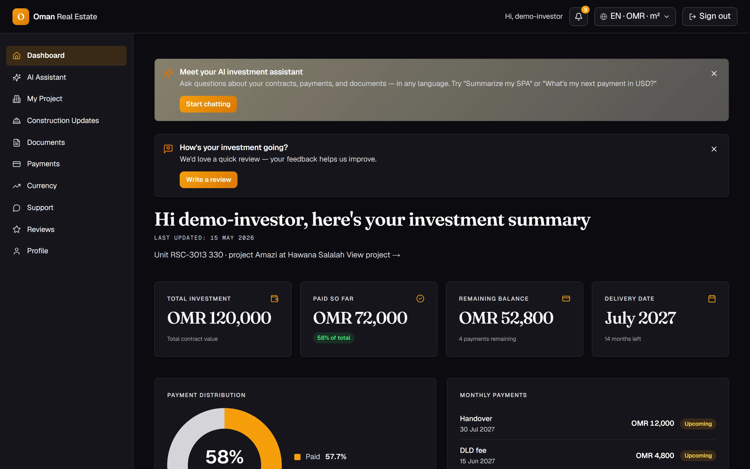 Muscat Properties Investor Portal dashboard preview